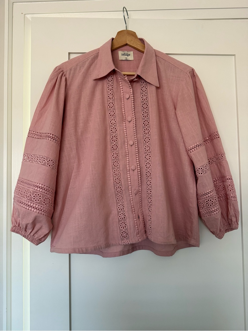 ⁠Miss Image Dusty Rose Pink Eyelet Lace Puff Sleeve Cotton Blouse Flowy Size M⁠